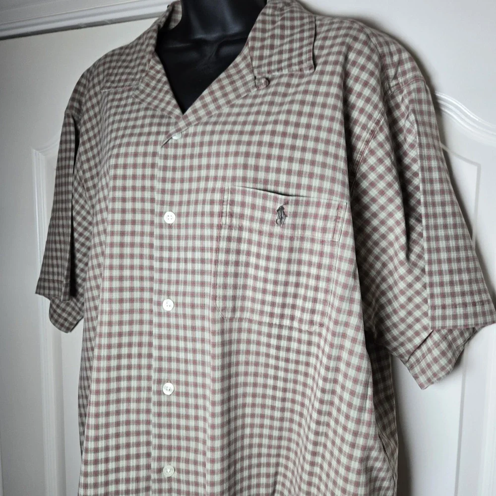 VTG Polo Ralph Lauren Adams Shirt Mens XL Tan Check  Loop Collar Short Sleeve‎